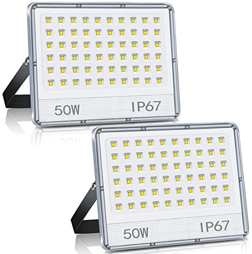 ANNIFUNLY 2PC Focos LED Exterior 50W, 5000LM Floodlight Super Brillante, Proyector 6500K Blanco Frío, Reflector IP67 Impermeable para Garaje Jardín Patio Parque
