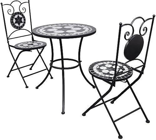 LAPOOH 3-TLG. Bistro-Set, Bistrotisch Mit 2 Stühlen, Gartenset Tisch Und Stühle, Balkontisch Klein, Bistroset, Keramikfliese Schwarz/Weiß -at