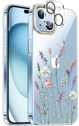 luolnh Compatible with iPhone 15 Case,for Women Girls,Shockproof Clear Floral Pattern Hard Back Cover for iPhone 15 6.1 2023 -Wildflower