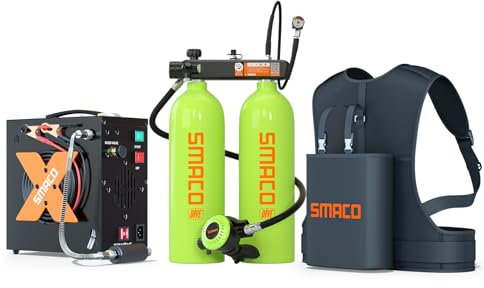 SMACO Mini Bouteille de Plongée 4 L (Assemblée par Deux Cylindres de 2L) pour la Plongée en Eau Peu Profonde Support de 30-45 Minutes de Respiration pour Le Divertissement de Plongée, Set-C, Vert