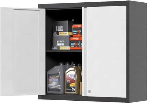 SUPEER Hängeschrank Metall Werkzeugschrank mit 1 Höhenverstellbaren Fachböden&2 Türen,Abschließbar Wandhängeschrank aus Edelstahl,Garage Werkstatt Küche H66 x L66 x D30 cm