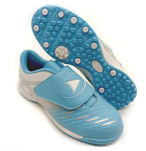 Zapatillas de Fútbol para Niño sin Cordones Césped Sintético MicroTacos Botas de Futbol Ninos (Azul Plateado Blanco, Sistema Tallas Calzado EU, Niño (2-5 años), Números, Mediano, 33)