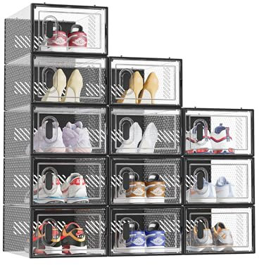 SIMPDIY Shoe Storage, 12 Pack Shoe Organizer for Closet, Shoe Boxes Clear Plastic Stackable Shoe Containers with Lids for Size 10, Black