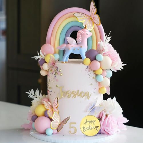 Unicorn Cake Topper, Unicorn Rainbow Cake Decorations with Butterflies Artificial Dried Flower Colorful Ball Happy Birthday Cake Decorations for Boys Girls Kids Birthday Party Baby Shower Supplies