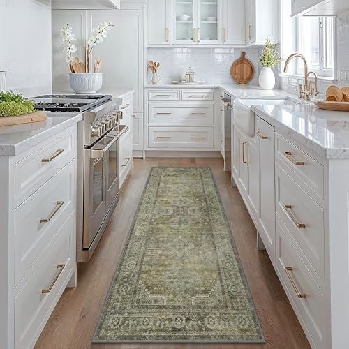 GENIMO Teppich Läufer 80x300CM Waschbare Teppiche, Kurzflor Schlafzimmer Teppich für Flur Küche Gang, rutschfest Vintage Boho Teppich Grün