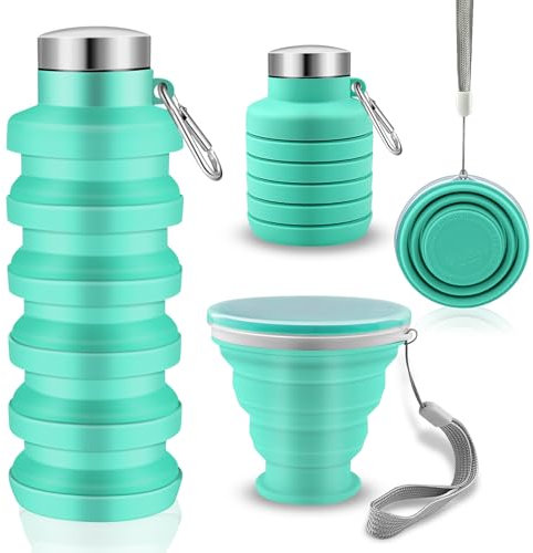 ADNEWX Vaso plegable de 200 ml con botella plegable de silicona de 500 ml, apta para alimentos, libre de BPA, portátil, a prueba de fugas, para picnic, camping, viajes al aire libre (3 unidades)