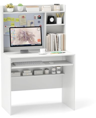 CASART Computer Desk, Modern Home Office Desk PC Laptop Table with Hutch, Magnetic Bulletin Board, Keyboard Tray & Adjustable Shelf, Wooden Writing Workstation for Study Bedroom Office (White)
