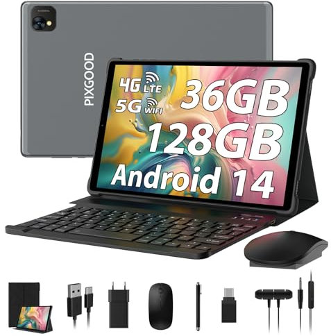 PIXGOOD Tablet 10 Zoll 4G LTE und 5G WiFi, Android 14.0 Octa-Core 2.0GHz, 36GB RAM, 128GB ROM(1TB Erweiterbar), 1980 * 1200FHD, 13MP+8MP, Tablet mit Tastatur etc, GPS/Bluetooth (Grau)