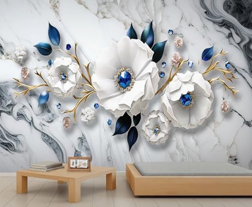 FACADUP 3D Wallpaper Murals, Marble Background 3D Flower Wall Murals, Crystal Golden Leaf Flower Wallpaper for Bedroom Living Room Decor 150x105cm Artwork Background Wall Stickers (Not Self-Adhesive)
