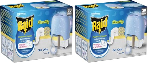 Raid® Eléctrico líquido Family 30 noches - Enchufe anti mosquitos común y tigre 2 en 1, mata y ahuyenta. Aparato + Recambio, sin olor, El embalaje puede variar (Paquete de 2)
