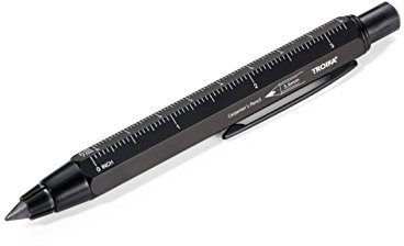 TROIKA ZIMMERMANN 5,6 BLEISTIFT- PEN56/BK -Fallminen-Stift (5,6 mm HB-Mine) - Zentimeter-/Zoll-Lineal - 1:20m/1:50 m Skala - Anspitzer - Messing - lackiert - schwarz - das Original von TROIKA