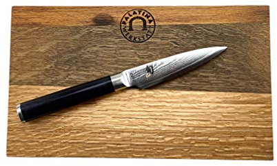 Kombatibel KAI Shun Messer DM-0700 Angebotsset – Damastmesser mit 9cm Klinge – handliches Officemesser ideal zum Schälen & Zerkleinern + 25x15 cm Schneidebrett aus Weinfassholz
