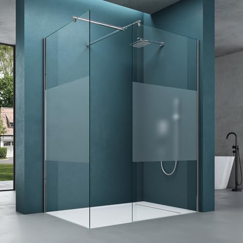 Mai & Mai Duschwand für Dusche 100x100cm mit 2 festen Seitenelementen | Duschabtrennung 8mm ESG-Sicherheitsglas Walk-In Dusche Milchglas Streifen NANO-Versiegelung Bremen01MS-T