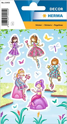 HERMA 15455 Aufkleber Feen Prinzessin klein groß, 27 Stück, Mädchen Sticker mit Meerjungfrau Elfen Motiv, Kinder Etiketten für Fotoalbum Tagebuch Poesiealbum Scrapbooking Geburtstag Deko Briefe DIY