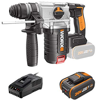 WORX Marteau Perforateur Rotatif Brushless WX380.1, PowerShareTM 20V 4,0Ah, 1200rpm, 5400bpm 2,2J, 4 fonctions, Anti-vibration,Embrayage de Sécurité, Impulsion électronique