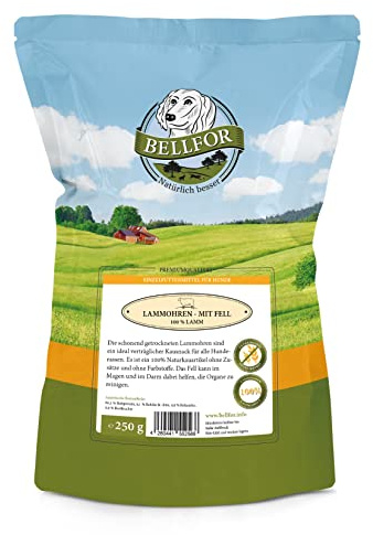 Bellfor Lammohren mit Fell Kauartikel für Hunde - 250 g. Getreidefreie Hundeleckerli. Fördert die Zahnreinigung, indem sie das Zahnfleisch massieren und zur Reduzierung von Plaque beitragen.