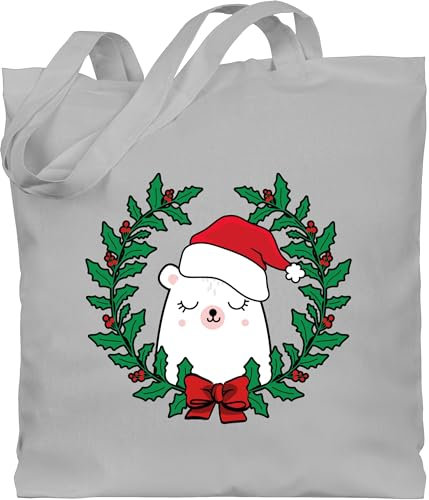 Baumwolltasche - Weihnachten Geschenke Christmas Bekleidung - Bär im Weihnachtskranz - Unisize - Hellgrau - tragetasche weihnachtsmotiv jutetasche tote bag weihnacht weihnachts weihnachtsgeschenke