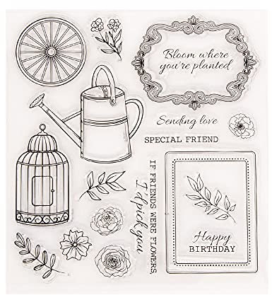 arriettycraft Happy Birthday Friends DIY Blätter Blumen Gießkanne Käfig Gummistempel Transparente Stempel für Weihnachtskarten Dekoration und DIY Scrapbooking Gummistempel für Handwerk