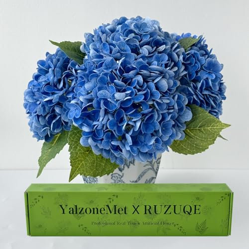 YalzoneMet Künstliche Hortensien, fühlen sich echt an, dunkelblaue Hortensien, 53.3 cm, große, lange Stiele, künstliche Hortensien, Hochzeitsdekoration, künstliche Blumen für Tische, Garten, 3 Stück