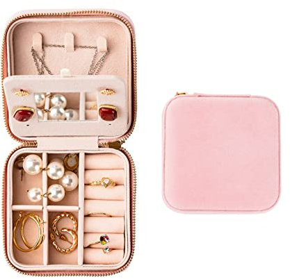 Smileshe Samt-Schmuckschatulle für Frauen und Mädchen, kleiner Reise-Organizer mit Spiegel, tragbarer Mini-Geschenkkoffer, Schmuck-Aufbewahrungsboxen für Ohrringe, Ringe, Armbänder, Halsketten