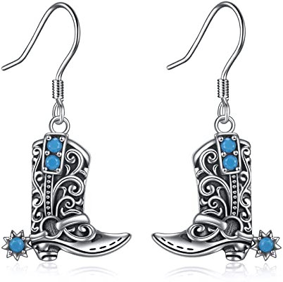 POPLYKE Sterling Silber Western West Cowgirl Texas Boots Ohrringe Cowgboy Türkis baumeln Ohrringe Boho Schmuck