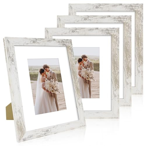 Hongkee 8x10 Picture Frame Set of 4, Made of Real Glass and Distressed White Wooden Frame, 8 by 10 Photo for Wall or Tabletop - Display Picture 5x7 with Mat or 8x10 Without Mat
