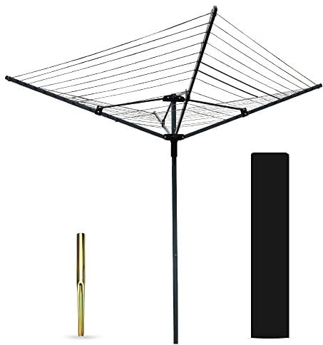 Ram® - Tendedero Giratorio de 4 Brazos para jardín, 45 m, Plegable, tendedero Giratorio con estaca y Cubierta, 45 m