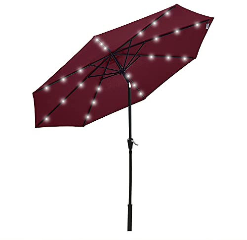 Panana 2.7M Garden Parasol with 24 Solar LED Lights Sun Shade Outdoor Umbrella 8 Sturdy Ribs with Crank and Tilt Mechanism for Poolside, Deck, Patio and Balcony Red