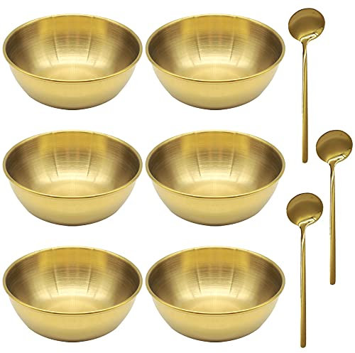 GOIYZTTR Conjunto de 6 Cuencos Aperitivos Acero Inoxidable Tazón de Salsa Dorada Mini Ronda Condimento Platos con 3 Cucharas Para Diversos Condimentos