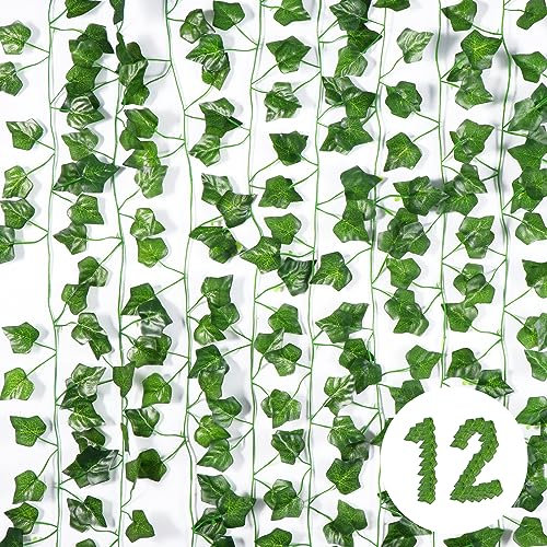Vinabo Home Deco Edera Finta Pianta Artificiale Rampicante Ghirlanda 12 Pezzi 2,1m, da Esterno, per la Stanza, Cucina, Patio, Altalena, Matrimonio, Ufficio, Festa, Verde