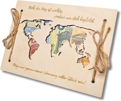 EQUIK PRODUCTS Geldgeschenk zur Hochzeit | Geschenk für Braut und Bräutigam | Paargeschenk | Hochzeits-Geldgeschenk-Umschlag | Grußkarte aus Holz | Flitterwochen-Geschenk | Weltkarte
