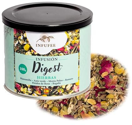 Infusión Digestiva de Manzanilla, Anís Verde, Menta Poleo, Romero, Pétalos de Rosa y Regaliz - Antioxidante Natural, Relajante, Sin Teína - Alivio Estomacal, Sin Cafeína, Té de Hierbas - 100g