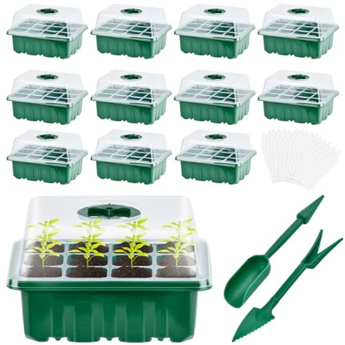HUMOKI Seed Trays,12 Pack 144 Cells Seed Propagators with Lids, Seedling Starter Tray with 2 Seeding Tools and 20Pcs Plant Labels, Reusable Propagators Trays, Seed Germination Kit, for Greenhouse Grow