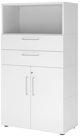 bümö Flexi Aktenschrank abschließbar mit Flügeltüren & 2 Schubladen in weiß, Büroschrank mit werkzeuglosem Schnellmontage-Klicksysten in modularer Bauweise