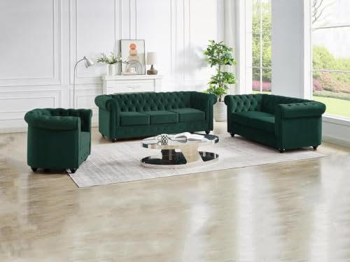 Vente-unique - Sofa 3-Sitzer + Sofa 2-Sitzer + Sessel Chesterfield - Samt - grün