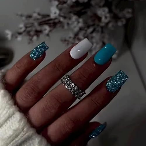 Angwis 24pcs Short Square False Nails Sky Blue Glitter Stick on Nails Creamy White Press on Nails Acrylic False Nails Removable Glue-on Nails Full Cover Fake Nails Women Brides Nail Art Accessories