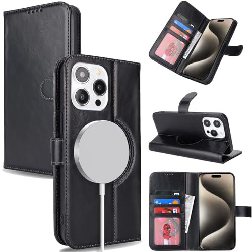 Zouzt Genuine Leather Wallet case for iPhone 15 Pro 6.1 Inch, Compatible with MagSafe Real Leather Flip Folio Book Protective Phone Cover Women Men for iPhone 15 Pro - Black