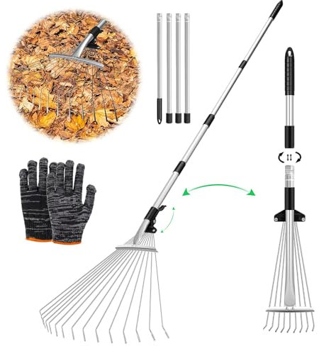 Rastrello Foglie con Manico,215,Rastrello Foglie acciaio,Scopa da Giardino per Foglie Rastrello con Manico,Rastrello per la Pulizia di Piante, Prati e Cortili