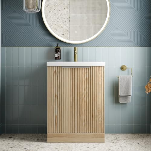 BAYSTONE® Fluted 600mm Bathroom Vanity Unit Ceramic Wash Sink, Cloakroom Storage Furniture Under Basin Cabinet Floorstanding Cupboard, Wood