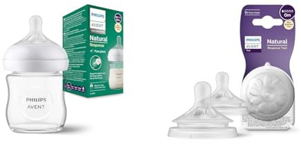 Philips Avent Biberon en verre à Réponse Naturelle - 120 ml, sans BPA & Avent Lot de 2 tétines pour biberon à Réponse Naturelle 0% BPA, Débit 1 pour Nouveau-né de 0 mois (Modèle SCY961/02)