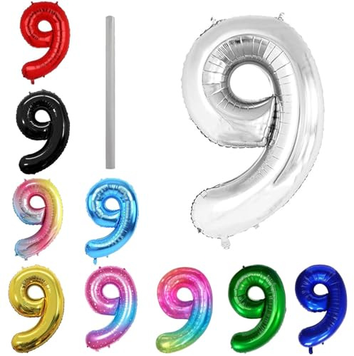 Geburtstag zahlen Luftballon 9 jahre-Silber XXL Jumbo Folienballon 40 Zoll – 101 cm Luftballons 9 Geburtstag Junge Mädchen Babyparty Geburtstagsdeko Jubiläumsparty Dekoration