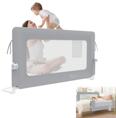 YRHome 150cm Bettgitter Rausfallschutz klappbar 180 Grad drehbar Bettschutzgitter für Kleinkinder luftiges Netz, Höhenverstellbar Rausfallschutz Bett für Kinderbett, Elternbett (Grau)
