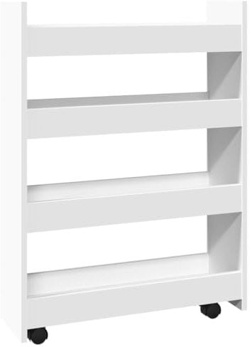 vidaXL Aufbewahrungswagen, Küchenwagen Schmal 4 Etagen, Rollwagen Allzweckwagen für Wohnzimmer Küche Bad, Nischenregal auf Rollen Servierwagen, Weiß Holzwerkstoff