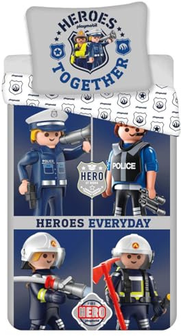Jerry Fabrics Kinderbettwäsche Heroes Together Heroes Everyday Polizeimann Feuerwehrmann Fire Hero, Bettdecke 140 x 200 + Kopfkissen 70 x 90 cm, 100% Baumwolle