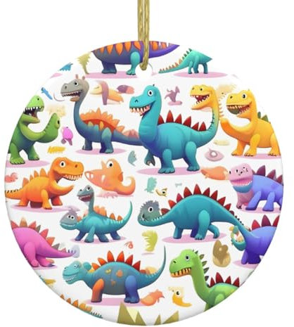 Viele bunte Cartoon-Dinosaurier, Weihnachtsdekoration, Weihnachtsdekoration, Geschenkideen, 7,4 cm, Keramik-Hängeornament, Baumschmuck zum Aufhängen