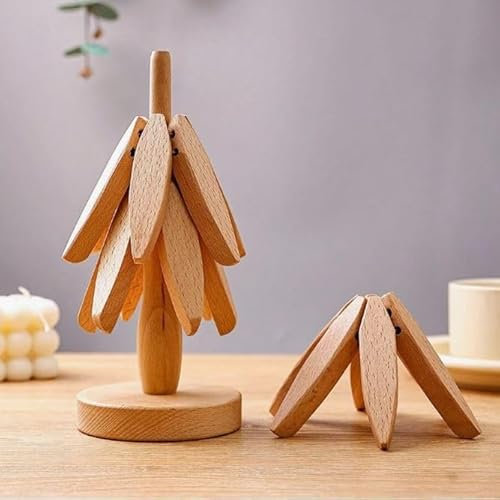 Catoco Wooden Trivets Tree Coasters (4 Wooden + 1 Stand) for Hot Dishes/Hot Pot Holders/Wood Color