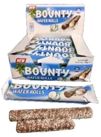 Bounty Crispy Wafer Rolls - Pack of 12 (22.5g Each) | Creamy Coconut & Chocolate Wafer Snacks | Perfect Snack for Coconut Lovers | Coconut Cream-Filled Wafer Rolls | Ideal Snack Size for Anytime