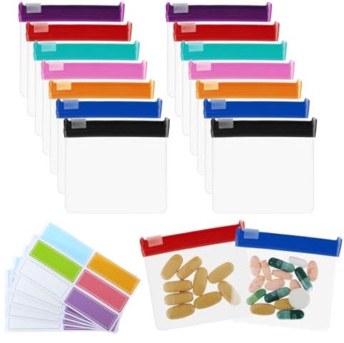 Dimeho 20 Pcs Pill Pouch Bags Set Zippered Pill Pouches with Label Reusable Travel Medicines Organizer Pills Baggies with Slide Lock Translucent Self Sealing Plastic Pill Bags for Pills Storage