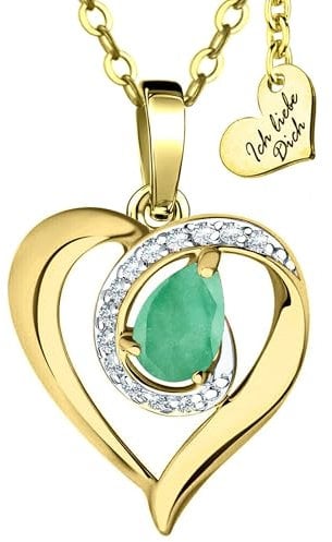 Limana Herzkette echter Edelstein Silber 925 Gold vergoldet Halskette Damen Kette Herz Anhänger Schmuck Geschenk Frauen Freundin Hochzeitstag Jahrestag Liebesgeschenk Goldkette (grüner Smaragd)