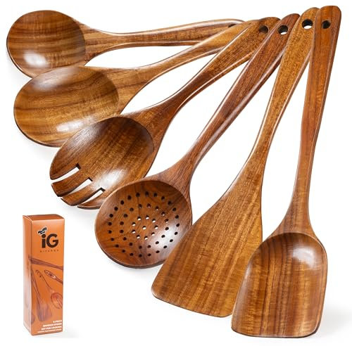 IG Kitchen 6 Piece Wooden Spoons for Cooking - Smooth Finish Teak Kitchen Utensils Set - Non-Stick Wooden Spatula Perfect Kitchen Essential and Gift - Long Wooden Spoon Sets